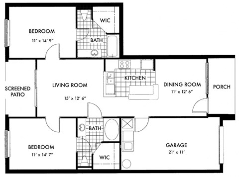 Floor plan for 2 beds, 2 baths, 1205 sqft