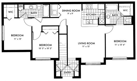 Floor plan for 3 beds, 2 baths, 1291 sqft