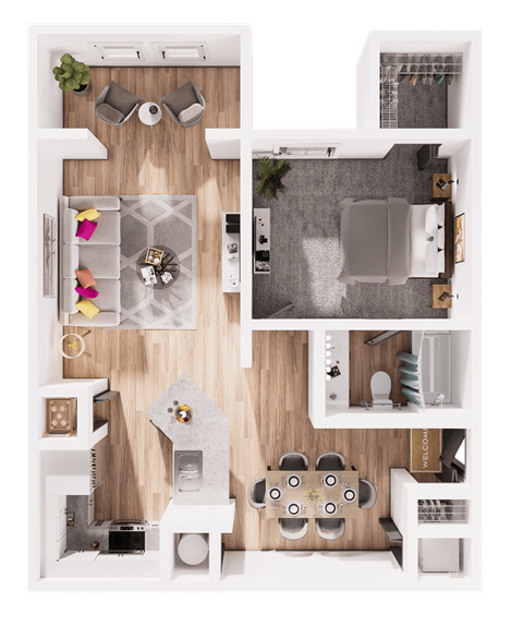 Floor plan for 1 bed, 1 bath, 823 sqft