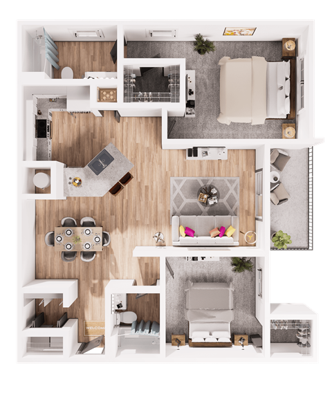 Floor plan for 2 beds, 2 baths, 1129 sqft