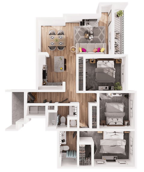 Floor plan for 3 beds, 2 baths, 1384 sqft