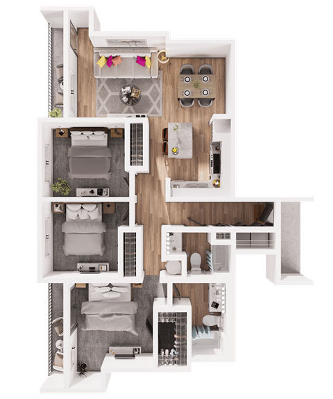 Floor plan for 3 beds, 2 baths, 1401 sqft