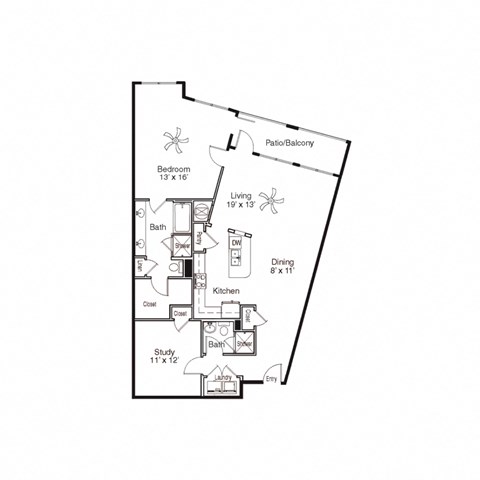 Floor plan for 1 bed, 2 baths, 1356 sqft