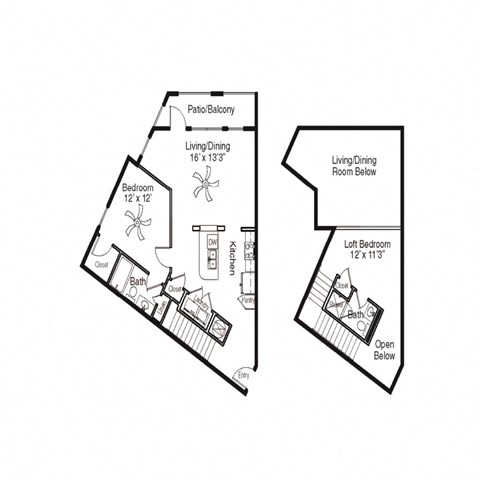 Floor plan for 2 beds, 2 baths, 1031 sqft