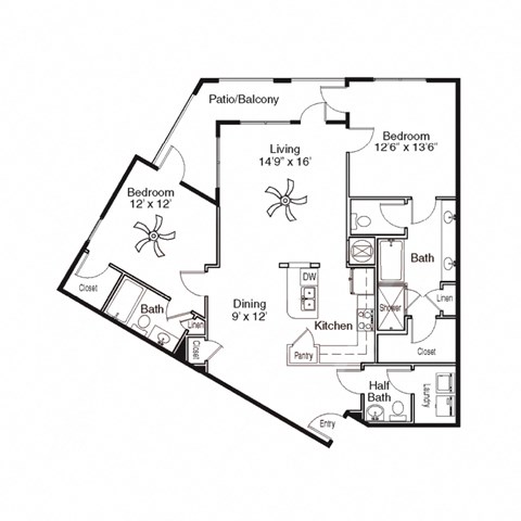 Floor plan for 2 beds, 2 baths, 1323 sqft