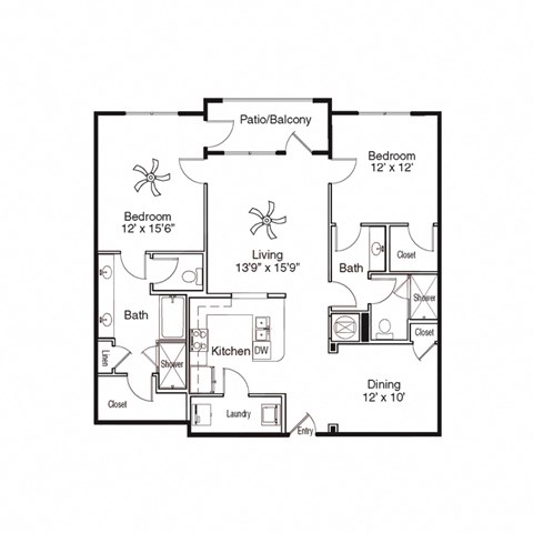 Floor plan for 2 beds, 2 baths, 1340 sqft