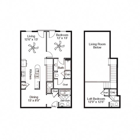 Floor plan for 2 beds, 2.5 baths, 1136 sqft