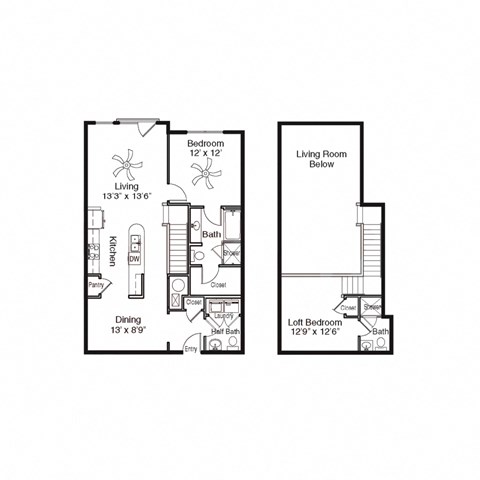 Floor plan for 2 beds, 2.5 baths, 1156 sqft