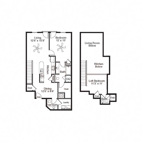 Floor plan for 2 beds, 2.5 baths, 1172 sqft