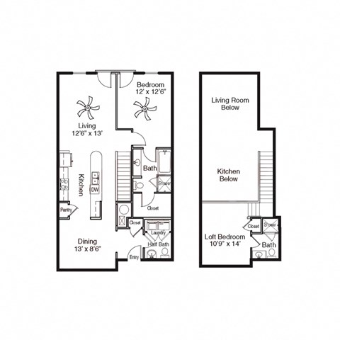 Floor plan for 2 beds, 2.5 baths, 1277 sqft