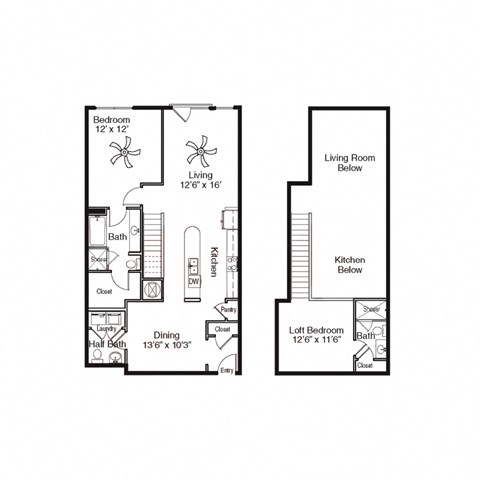 Floor plan for 2 beds, 2.5 baths, 1295 sqft