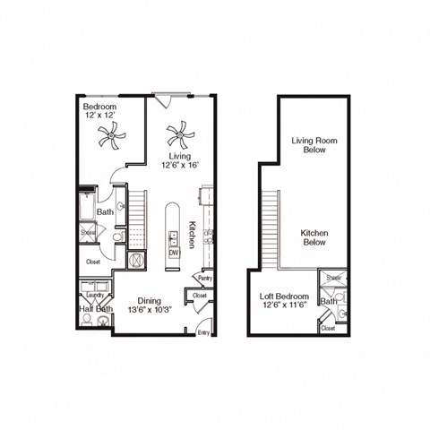 Floor plan for 2 beds, 2.5 baths, 1318 sqft