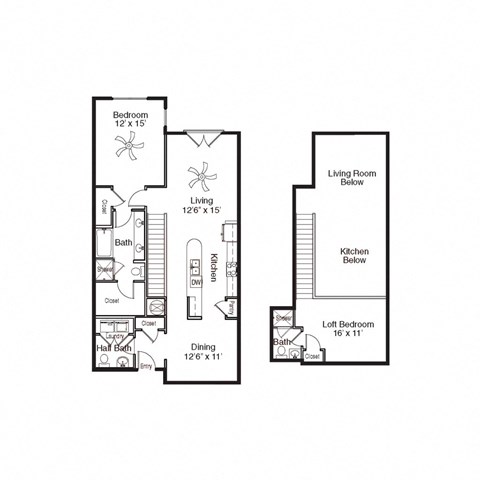 Floor plan for 2 beds, 2.5 baths, 1356 sqft