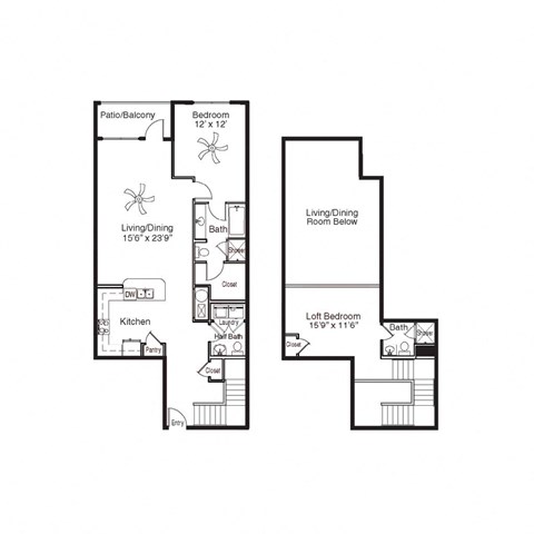 Floor plan for 2 beds, 2.5 baths, 1371 sqft