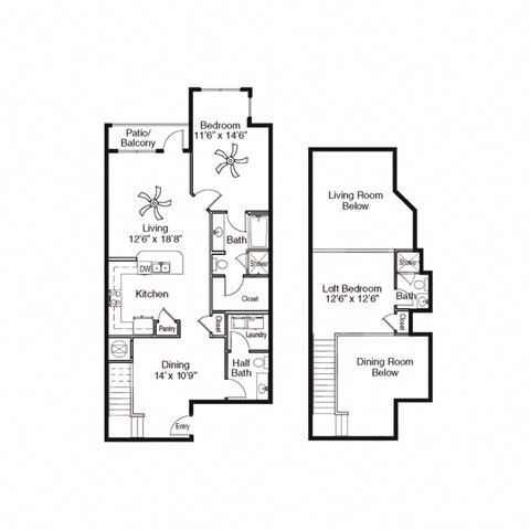 Floor plan for 2 beds, 2.5 baths, 1397 sqft