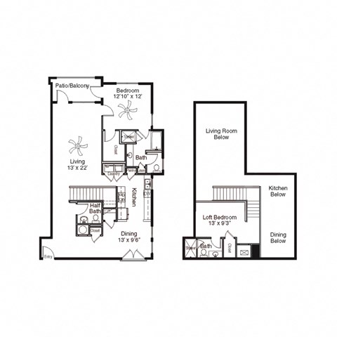 Floor plan for 2 beds, 2.5 baths, 1464 sqft