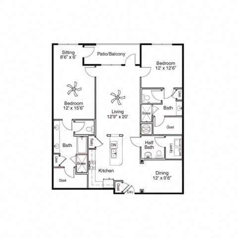 Floor plan for 2 beds, 2.5 baths, 1528 sqft