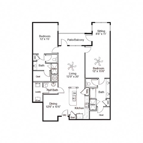 Floor plan for 2 beds, 2.5 baths, 1574 sqft