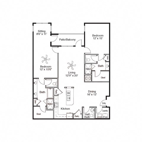 Floor plan for 2 beds, 2.5 baths, 1609 sqft