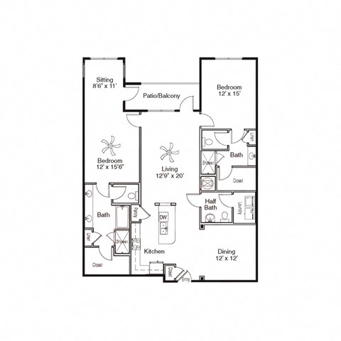 Floor plan for 2 beds, 2.5 baths, 1643 sqft