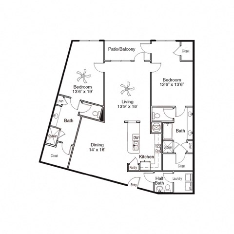 Floor plan for 2 beds, 2.5 baths, 1706 sqft