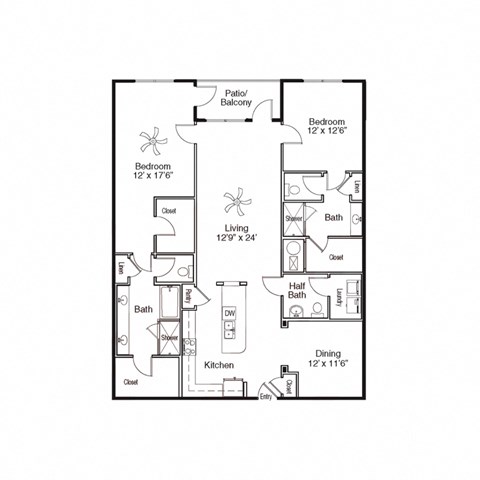 Floor plan for 2 beds, 2.5 baths, 1752 sqft