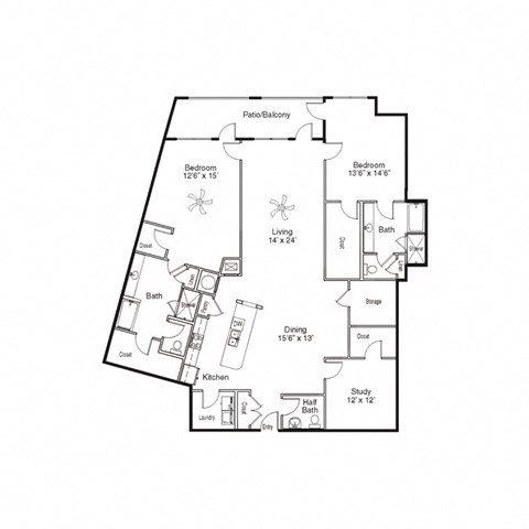 Floor plan for 2 beds, 2.5 baths, 2325 sqft