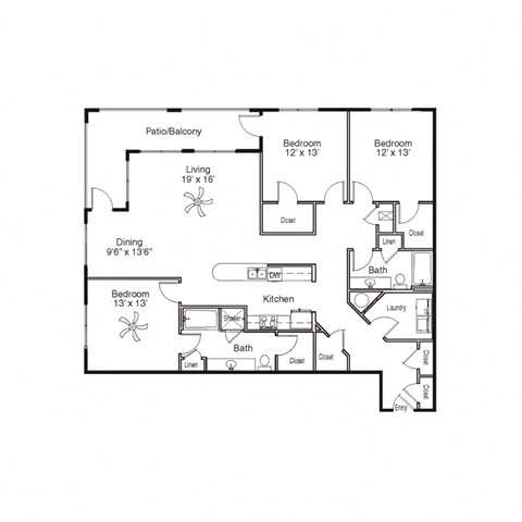 Floor plan for 3 beds, 2 baths, 1746 sqft
