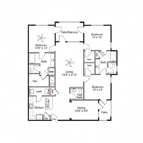 Floor plan for 3 beds, 2.5 baths, 1721 sqft