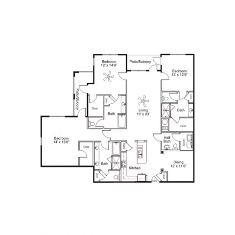 Floor plan for 3 beds, 3.5 baths, 2136 sqft