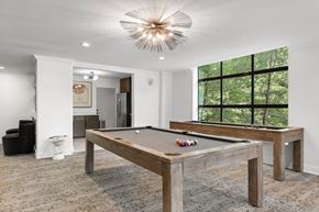 Atlanta apartment for rent - A pool table in a room with a large window.