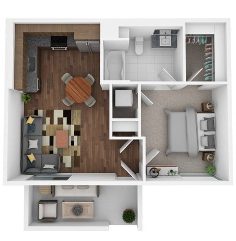 Floor plan for 1 bed, 1 bath, 600 sqft