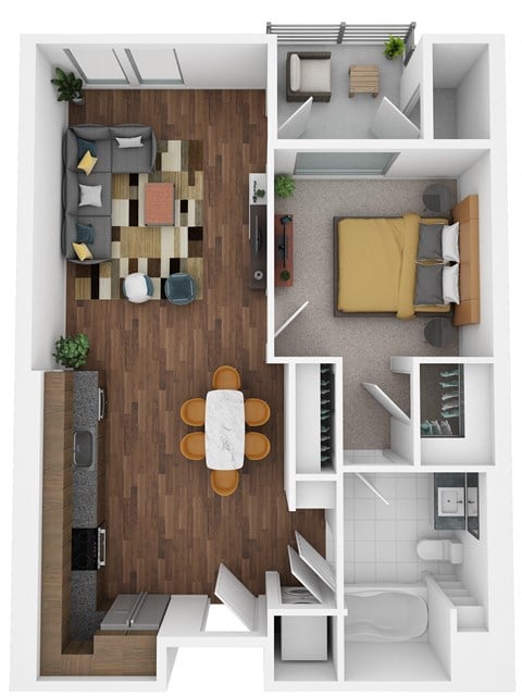 Floor plan for 1 bed, 1 bath, 729 sqft