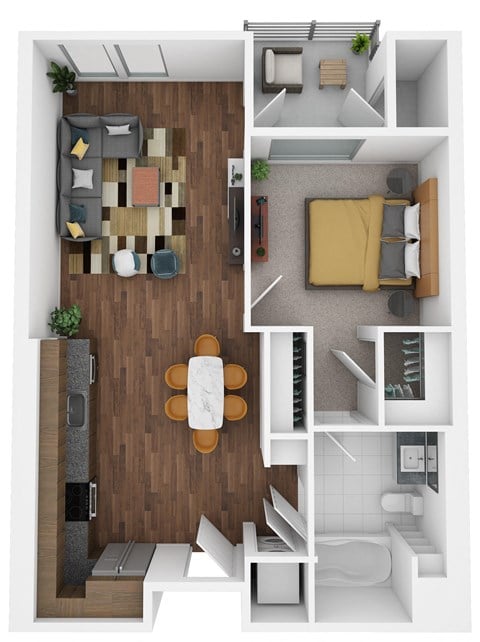 Floor plan for 1 bed, 1 bath, 729 sqft