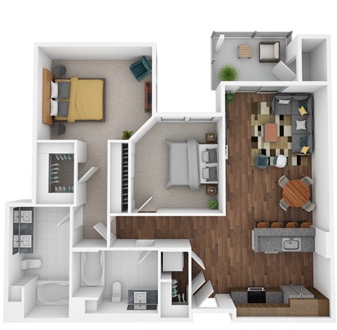 Floor plan for 2 beds, 2 baths, 1037 sqft