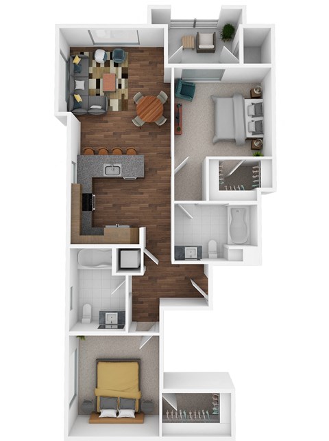 Floor plan for 2 beds, 2 baths, 1043 sqft