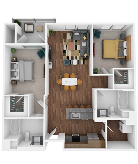 Floor plan for 2 beds, 2 baths, 967 sqft