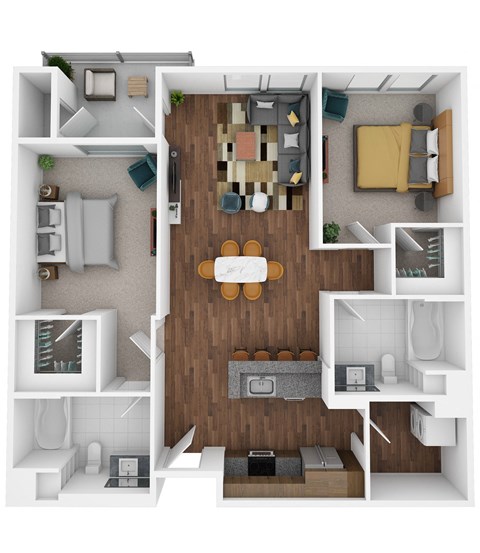 Floor plan for 2 beds, 2 baths, 1081 sqft