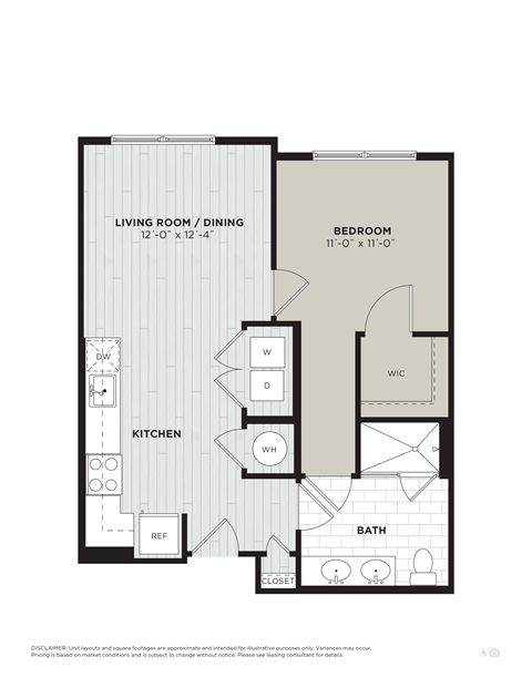 Floor plan for 1 bed, 1 bath, 665 sqft