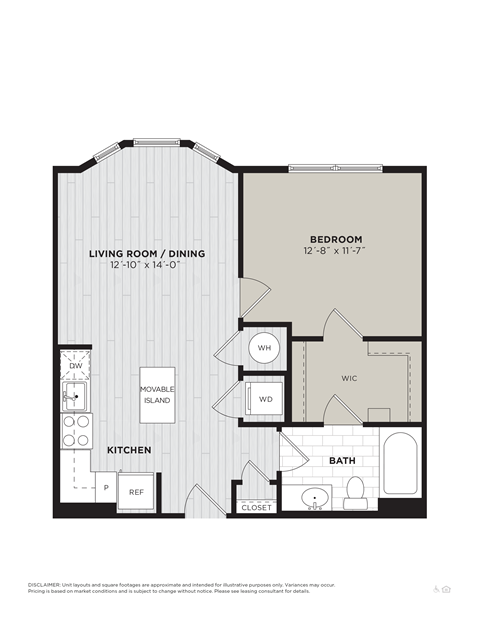 Floor plan for 1 bed, 1 bath, 675 sqft