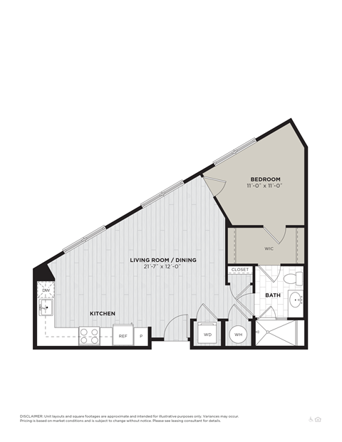 Floor plan for 1 bed, 1 bath, 680 sqft