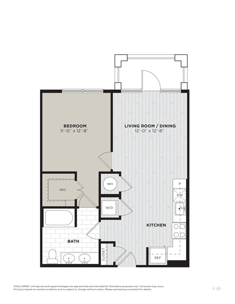 Floor plan for 1 bed, 1 bath, 684 sqft
