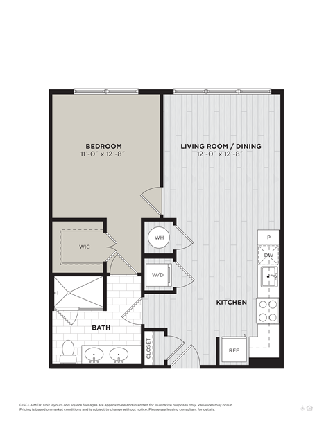 Floor plan for 1 bed, 1 bath, 684 sqft