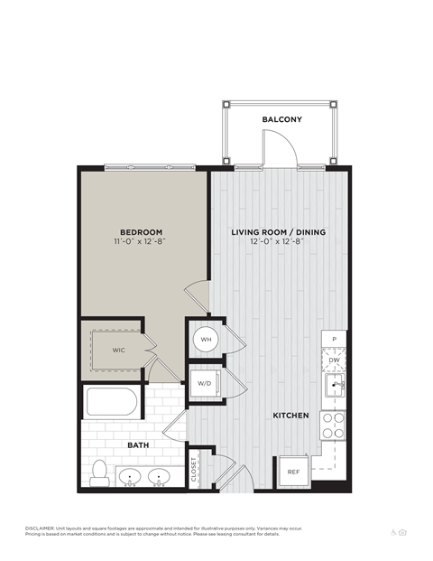 Floor plan for 1 bed, 1 bath, 684 sqft