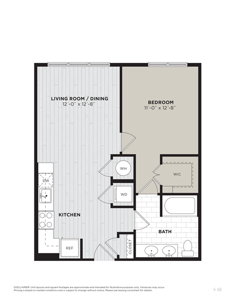 Floor plan for 1 bed, 1 bath, 688 sqft