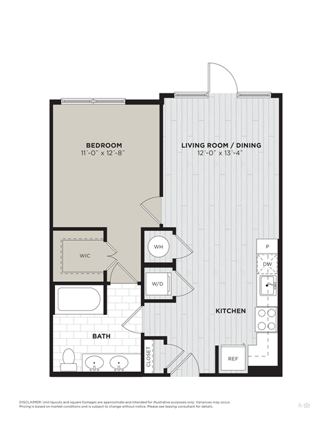 Floor plan for 1 bed, 1 bath, 692 sqft