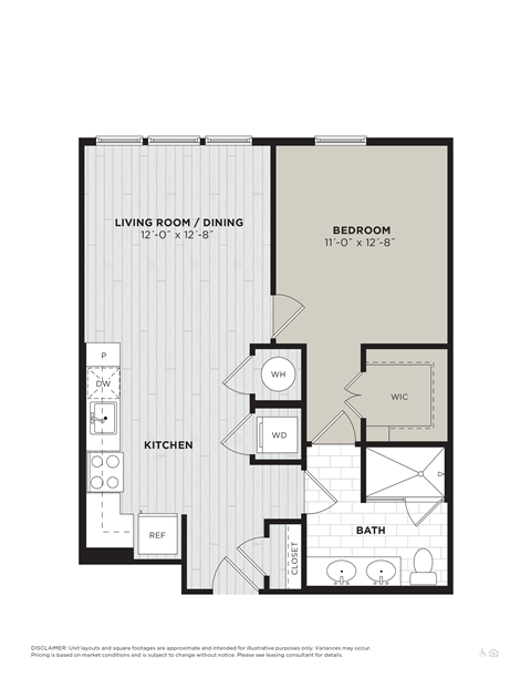 Floor plan for 1 bed, 1 bath, 693 sqft