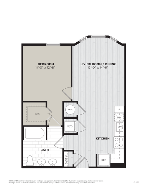 Floor plan for 1 bed, 1 bath, 698 sqft