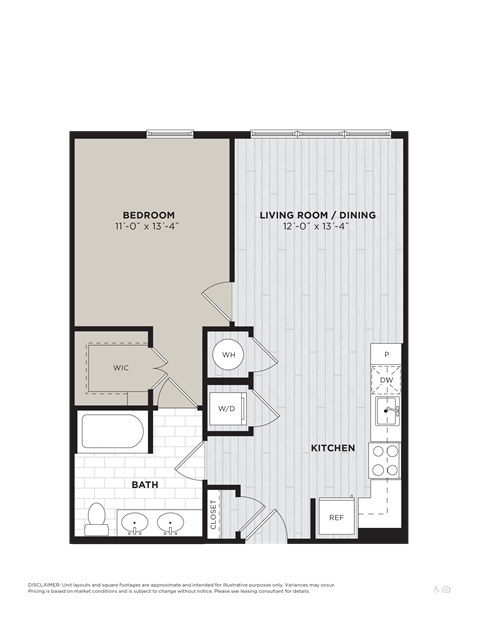 Floor plan for 1 bed, 1 bath, 700 sqft