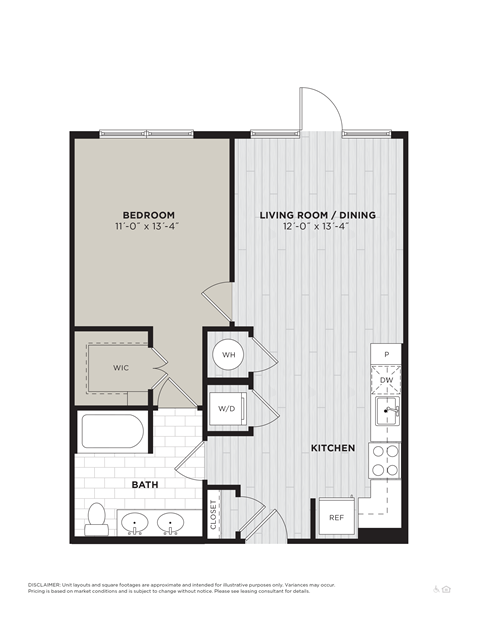 Floor plan for 1 bed, 1 bath, 700 sqft